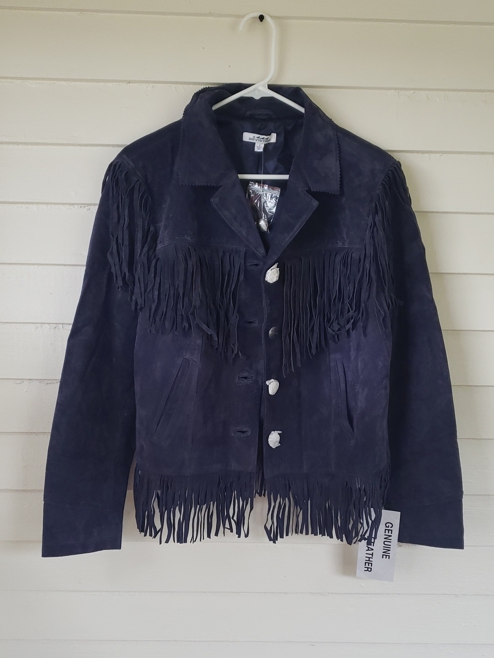 Back In The Saddle Navy Blue 100% Leather Fringe Jacket Size L